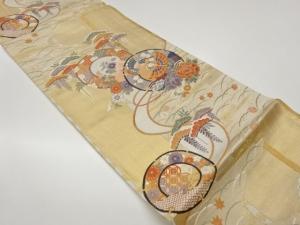 丸文に蝶・草花・古典柄模様織出し袋帯